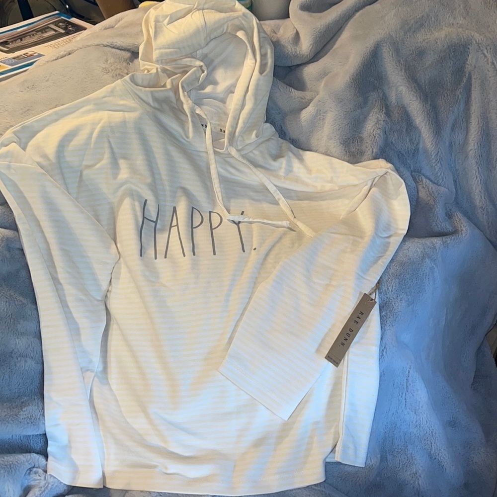 Rae Dunn “Happy” pale yellow/white stripe hoodie